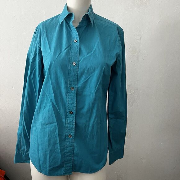 Ellen Tracy Tops - Vtg 80s Ellen Tracy Shirt 10 Cotton Baby Blue Western Cowgirl Ranch Barn w/stain